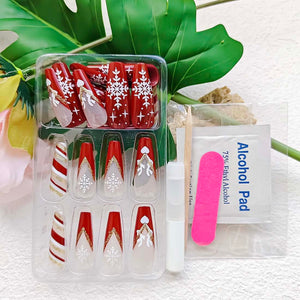 Uñas postizas a presión de Navidad, uñas postizas largas con pegamento, uñas postizas acrílicas con bonitos diseños de alce y purpurina, punta francesa roja brillante,a22  uñas artificiales de gel
