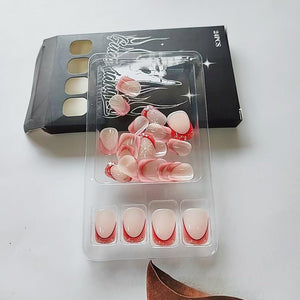 Uñas postizas a presión de Navidad, cuadradas cortas, francesas, rojas, con bonitos diseños de copos de nieve, uñas con pegamento, uñas de Navidad, cobertura completa,a22  uñas postizas
