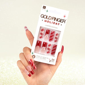 Gold Finger - 24 uñas postizas a presión con punta francesa de Navidad, cuadradas, ataúd, ovaladas, con purpurina brillante de larga duración, copos de nieve de temporada para invierno A22 , uñas con