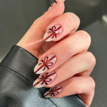 Cargar imagen en el visor de la galería, Uñas postizas a presión de Navidad, uñas postizas cortas de almendra, lazo rojo, uñas postizas brillantes con diseño nude,  a22 uñas postizas acrílicas artificiales con diamantes de imitación para mujeres
