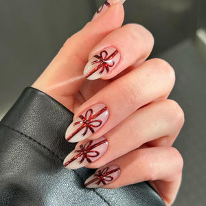 Uñas postizas a presión de Navidad, uñas postizas cortas de almendra, lazo rojo, uñas postizas brillantes con diseño nude,  a22 uñas postizas acrílicas artificiales con diamantes de imitación para mujeres