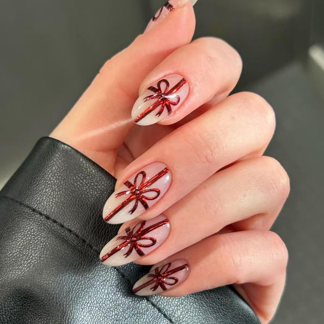 Uñas postizas a presión de Navidad, uñas postizas cortas de almendra, lazo rojo, uñas postizas brillantes con diseño nude,  a22 uñas postizas acrílicas artificiales con diamantes de imitación para mujeres