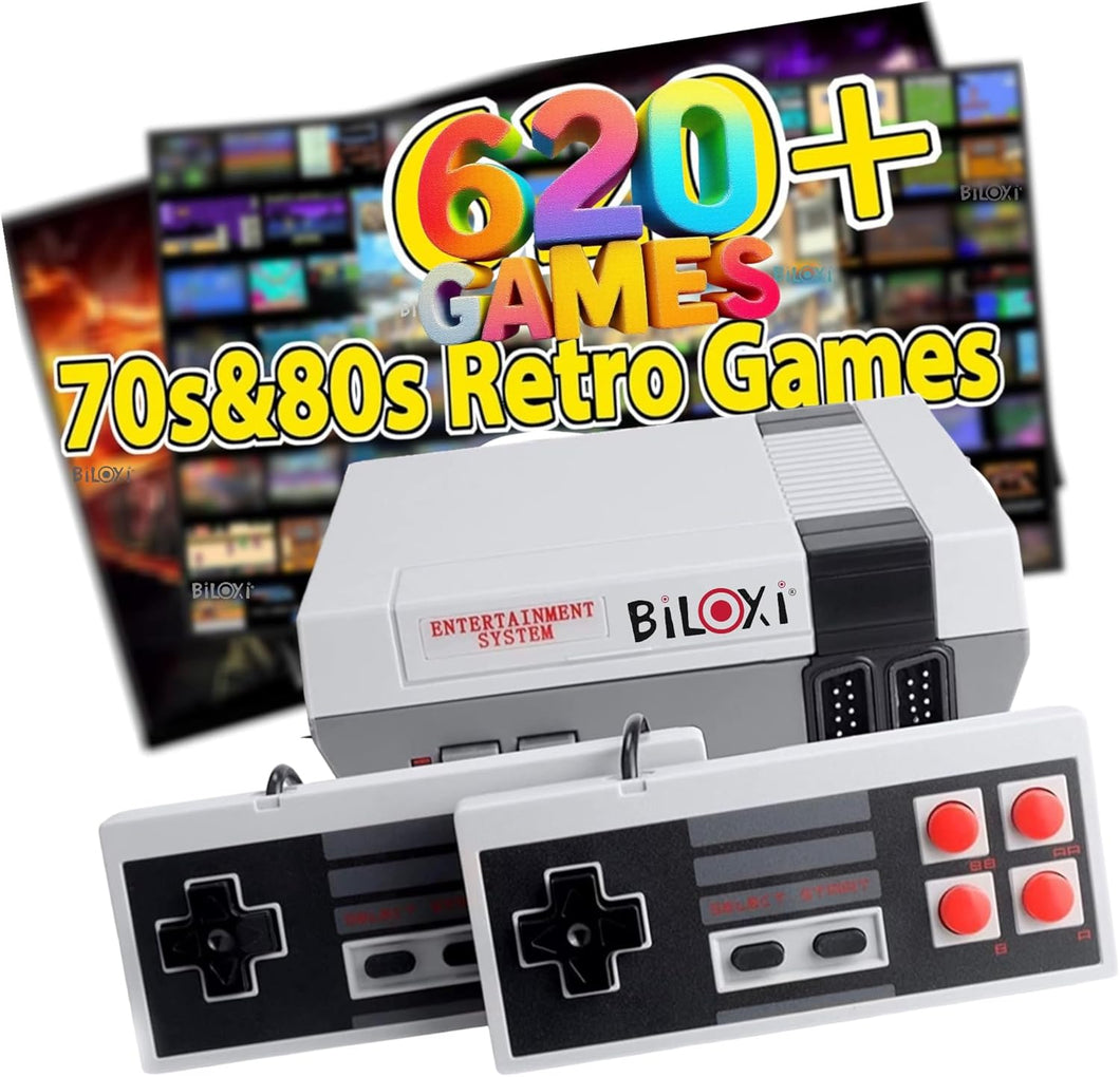 Biloxi Consola de juegos retro 620, mini videoconsolas clásicas de 8 bits integradas con 620 juegos y 2 controladores para regalos de cumpleaños de Navidad, salida HDMI y AV