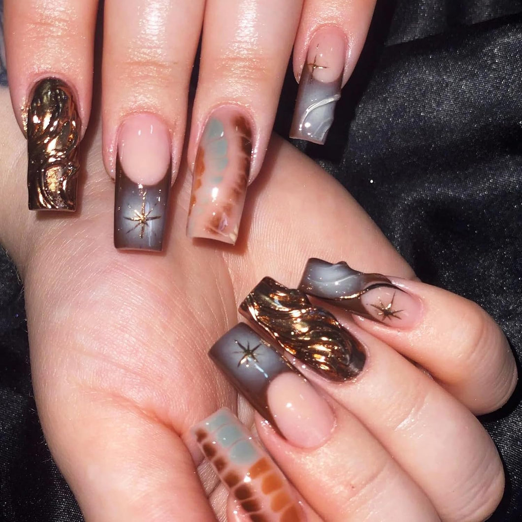 Uñas postizas a presión con estrellas 3D, uñas postizas largas cuadradas MABKJLF con punta francesa, azúcar morena, cobertura completa, con purpurina a22 , con diseños, uñas adhesivas brillantes, uñas