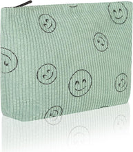 Cargar imagen en el visor de la galería, Bolsa de cosméticos Bolsa de maquillaje Preppy Cute Corduroy Neceser para mujeres esenciales de viaje,a22 Verde, Cara de moda
