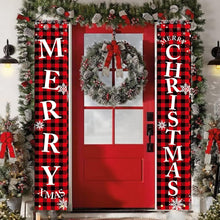 Cargar imagen en el visor de la galería, Decoración de Navidad con texto en inglés «Merry Christmas», juego de letreros para porche delantero, pancarta de puerta a cuadros rojos y negros, pancarta colgante para pared del hogar, puerta A19
