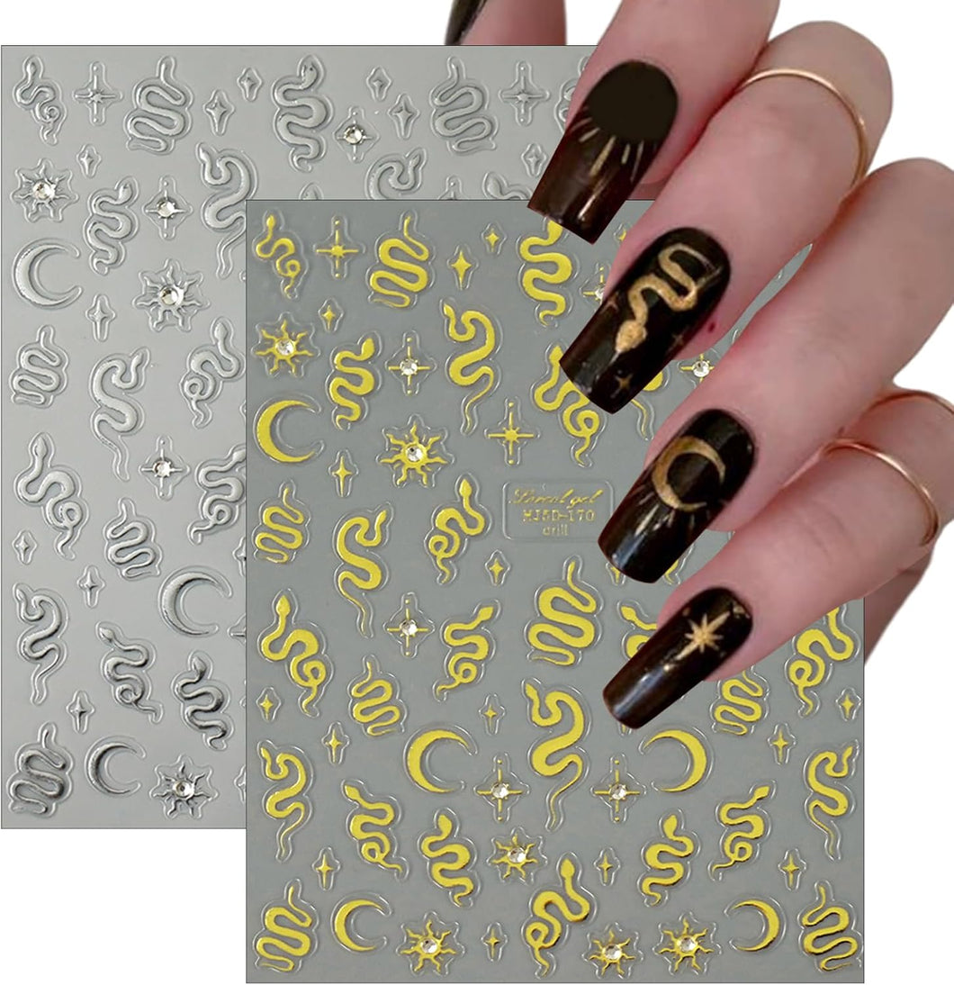 2 hojas 5D oro plata cristal diamante serpiente arte de uñas calcomanías A24