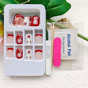 Uñas postizas a presión de Navidad, uñas postizas cuadradas extra cortas con pegamento, uñas postizas acrílicas con bonitos diseños de alce y copo de nieve,a22  punta francesa roja, uñas artificiales