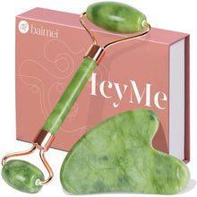 Cargar imagen en el visor de la galería, BAIMEI - Juego de rodillo facial y Gua Sha de jade; herramientas para el cuidado de la piel y la hinchazón, color verde A19
