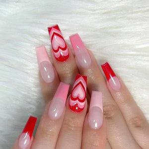 Uñas postizas a presión para el día de San Valentín, puntas francesas de longitud media, uñas postizas con forma de ataúd de corazón de melocotón rojo,a22  cobertura completa, pegamento en uñas adhesivas