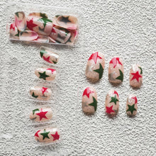 Cargar imagen en el visor de la galería, Uñas postizas a presión de Navidad, uñas postizas cortas de almendra, uñas postizas con diseño de estrella roja y verde, uñas con pegamento plateado con purpurina A22 , uñas acrílicas brillantes, cobertura
