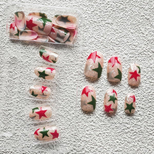 Uñas postizas a presión de Navidad, uñas postizas cortas de almendra, uñas postizas con diseño de estrella roja y verde, uñas con pegamento plateado con purpurina A22 , uñas acrílicas brillantes, cobertura
