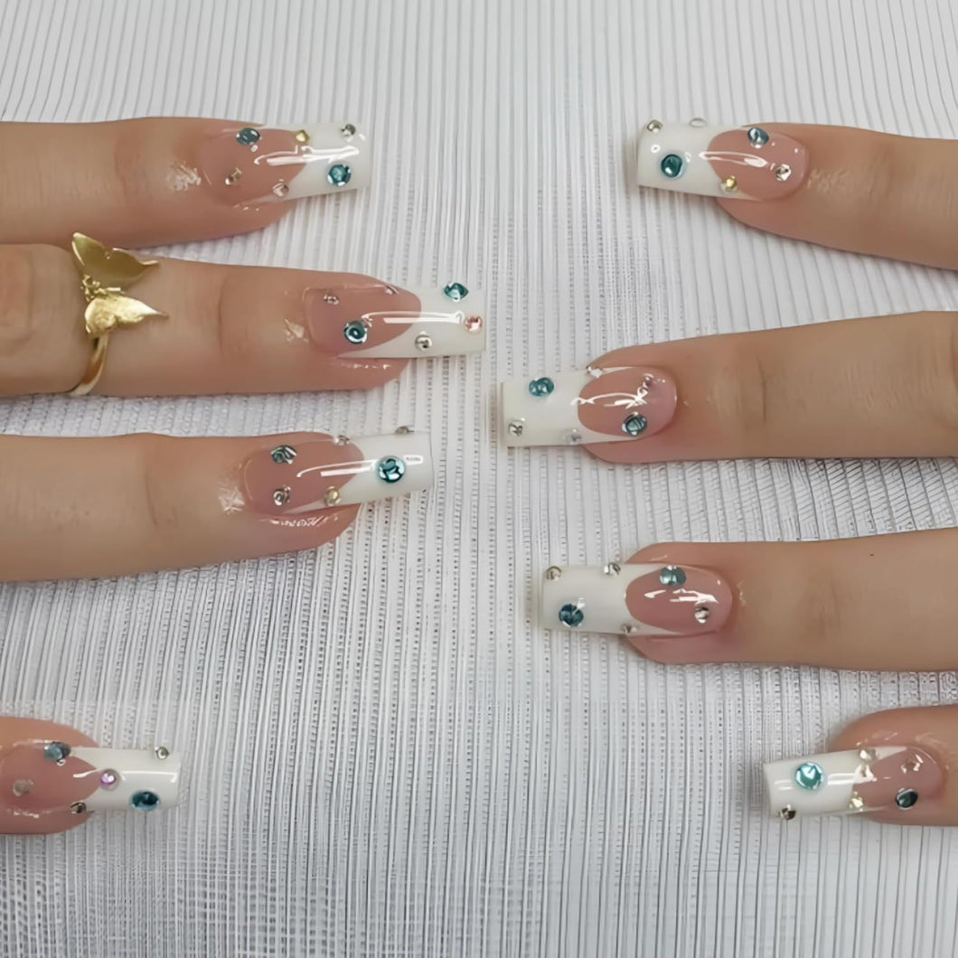 BABALAL Uñas postizas a presión con punta francesa, largas y cuadradas, color blanco, uñas acrílicas con diamantes de imitación coloridos, 24 unidades,a22  uñas postizas cuadradas