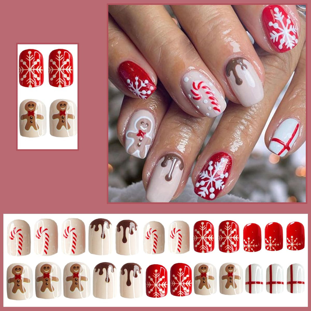 24 uñas postizas a presión con copos de nieve, cuadradas, cortas, con copos de nieve, hombre de jengibre, uñas postizas de Navidad, lindas uñas adhesivas de Navidad, uñas acrílicas,a22  decoración de uñas