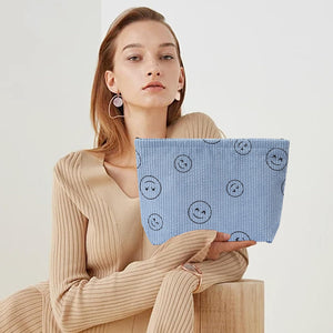 Bolsa de cosméticos Bolsa de maquillaje Preppy Cute Corduroy Neceser para mujeres esenciales de viaje, Azul, a22  Cara de moda