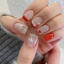 Cargar imagen en el visor de la galería, Uñas postizas a presión de Navidad, uñas postizas cuadradas cortas con diseños de lazo de alce, uñas postizas de Navidad, sombrero de Navidad, punta francesa con purpurina,A22  uñas adhesivas de cobertura
