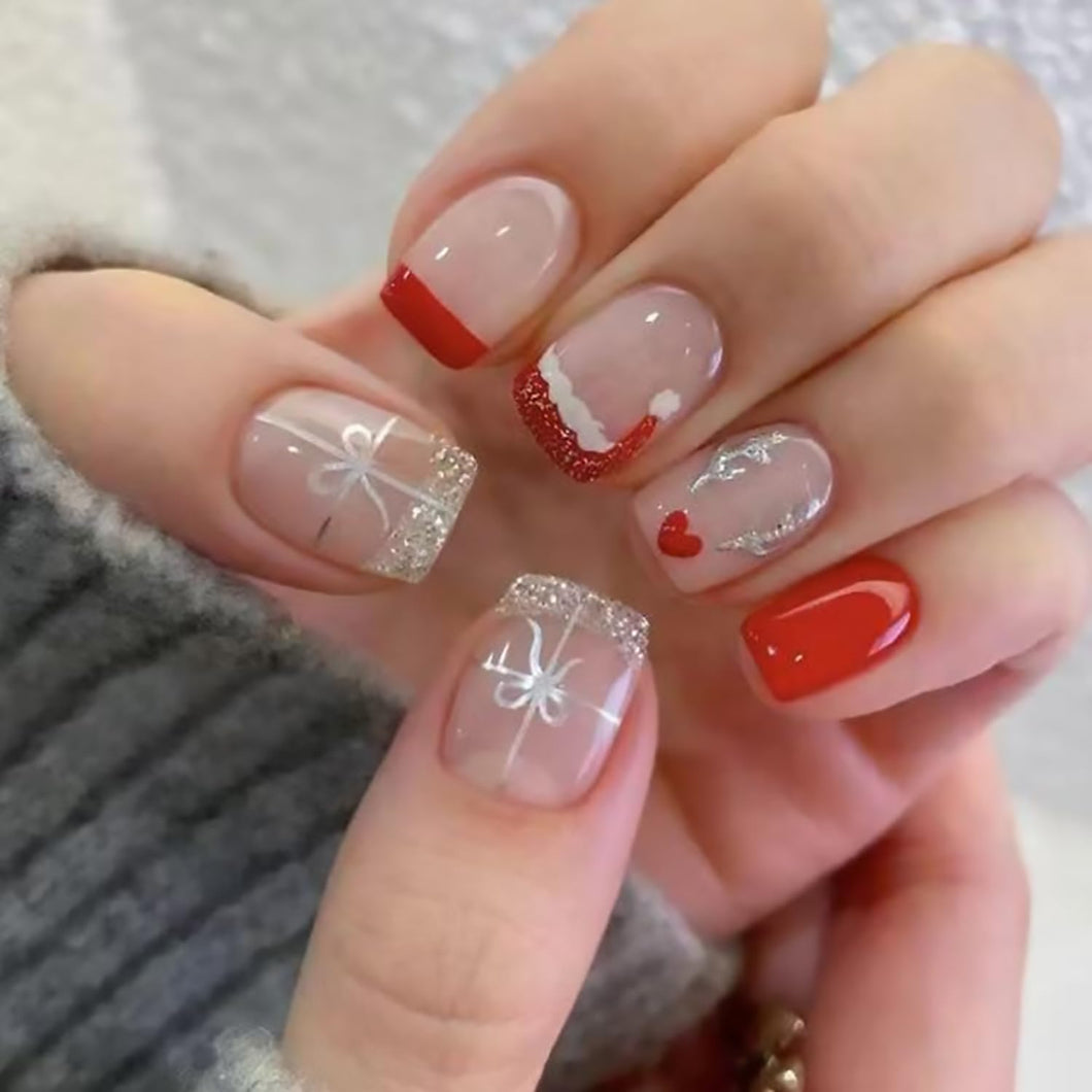 Uñas postizas a presión de Navidad, uñas postizas cuadradas cortas con diseños de lazo de alce, uñas postizas de Navidad, sombrero de Navidad, punta francesa con purpurina,A22  uñas adhesivas de cobertura