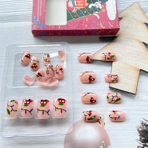 Uñas postizas a presión de Navidad,a22  uñas postizas cuadradas cortas con luz navideña,