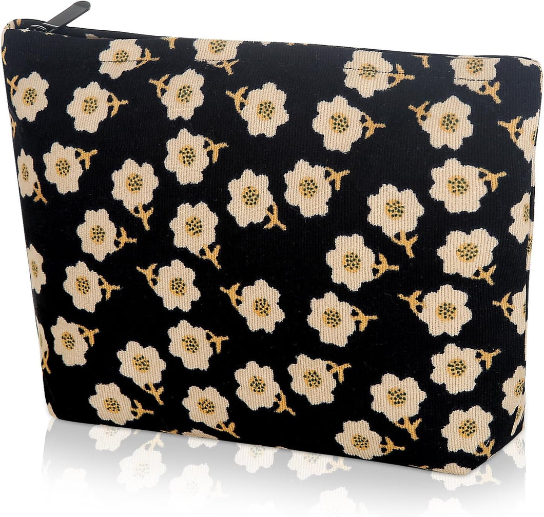Bolsa de cosméticos Bolsa de maquillaje Preppy Cute Corduroy Neceser para mujeres esenciales de viaje a22 negro (Flower Black), Cara de moda