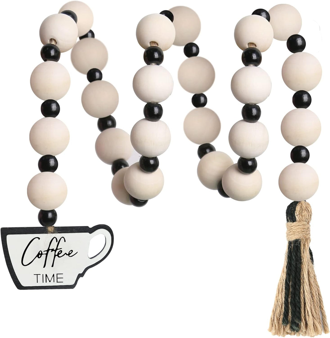 Meplait Guirnalda de cuentas de madera natural, cuerda de yute, adorno colgante con temática de café para decoración del hogar A19
