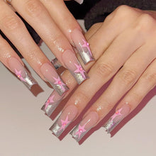 Cargar imagen en el visor de la galería, Y2K - Uñas postizas largas cuadradas MABKJLF plateadas con punta francesa, color rosa, cobertura completa, con diseños de perlas, purpurina brillante,a22  pegamento en uñas acrílicas, uñas artificiales
