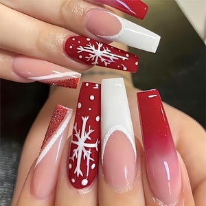 Uñas postizas a presión con punta francesa de Navidad, uñas postizas largas de ataúd, uñas postizas acrílicas con diseños rojos degradados, polvo de purpurina,A22  uñas artificiales a presión con copos