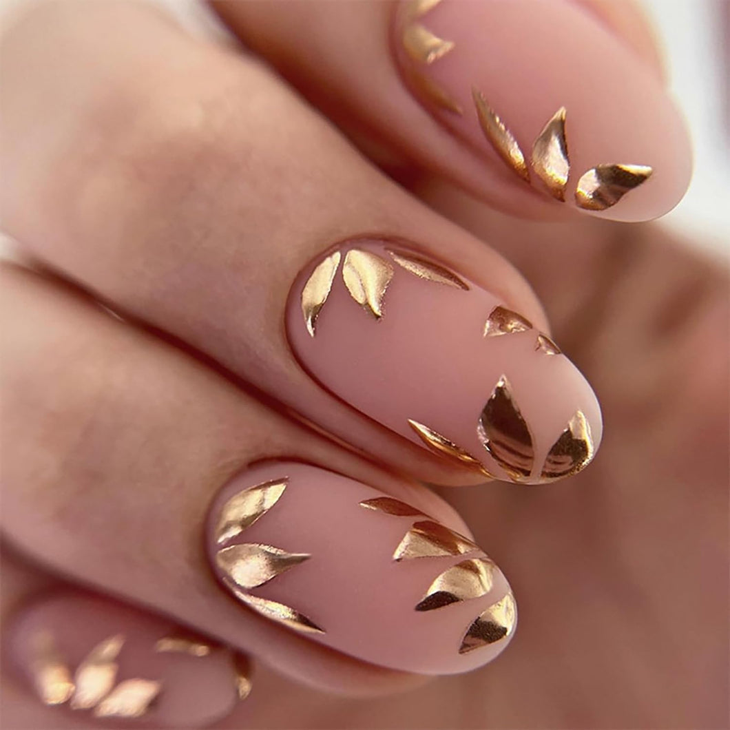 Uñas postizas a presión de longitud corta con forma de almendra, uñas acrílicas artificiales, diseño de hojas doradas, uñas postizas de cobertura completa, a22 brillantes, reutilizables, uñas postizas