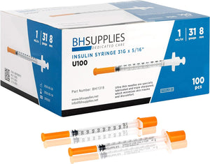 Jeringas de insulina U-100 31G 0.0 fl oz/cc 5/16" (8mm)  a24