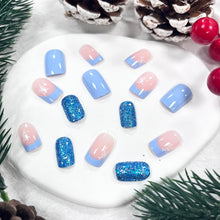 Cargar imagen en el visor de la galería, Uñas postizas de invierno a presión con copos de nieve, 24 unidades, uñas postizas a presión de Navidad, cuadradas, medianas, color azul, punta francesa a22 , uñas adhesivas, accesorios de uñas de Navidad,
