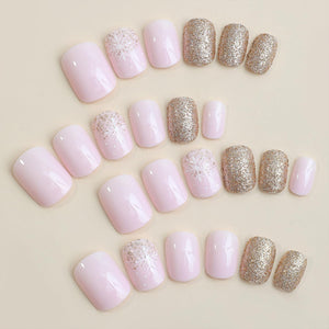 Uñas postizas a presión de Navidad, uñas postizas cuadradas cortas con diseños de copos de nieve con purpurina dorada, uñas postizas rosas de Navidad, A22 uñas postizas con pegamento brillante, uñas