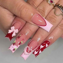 Cargar imagen en el visor de la galería, Foccna Uñas postizas largas con diamantes de imitación, color rosa, uñas negras, cuadradas, brillantes, 3D, con flores, uñas postizas, uñas artificiales,a22  manicura para mujeres y niñas, 24 unidades
