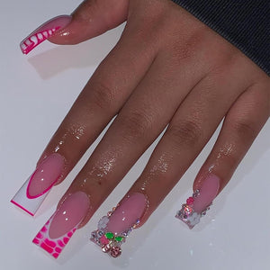 Uñas postizas a presión de pato hechas a mano, punta francesa, uñas postizas con diamantes de imitación de cobertura completa rosa con diseños de flores 5D,a22  uñas adhesivas brillantes Y2K, uñas