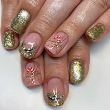 Cargar imagen en el visor de la galería, 24 piezas de uñas postizas cortas cuadradas de Navidad, lindas uñas postizas de cobertura completa con diseño de purpurina, uñas adhesivas de Navidad,  a22 uñas artificiales acrílicas de invierno
