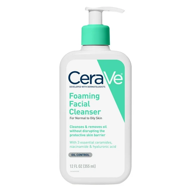 Limpiador facial espumoso CeraVe, lavado facial diario para piel normal a grasa, 12oz