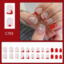 Cargar imagen en el visor de la galería, Uñas postizas a presión de Navidad, uñas postizas cuadradas cortas con diseños de lazo de alce, uñas postizas de Navidad, sombrero de Navidad, punta francesa con purpurina,A22  uñas adhesivas de cobertura
