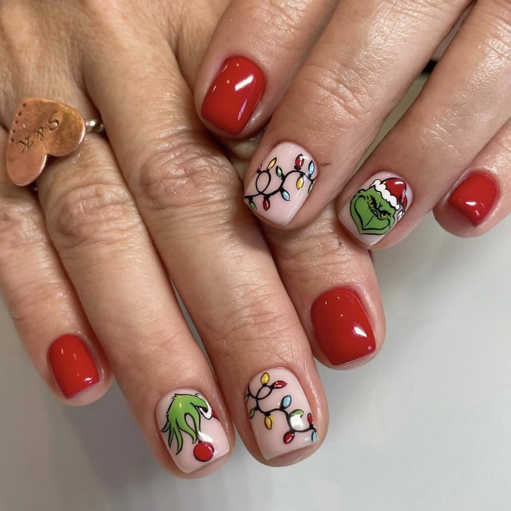 Uñas postizas a presión de Navidad con diseño de linternas de ratán, cuadradas, cortas, con diseño de linternas de ratán A22 , uñas con pegamento