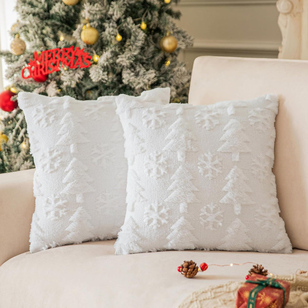 Juego de 2 fundas de almohada blancas para árbol de Navidad de 18 x 18 pulgadas, fundas de almohada de piel sintética con forma de copo de nieve para sofá, decoraciones de vacaciones  A19