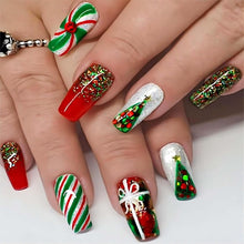 Cargar imagen en el visor de la galería, Uñas postizas a presión de Navidad,A22 uñas postizas medianas con diseño de ataúd, uñas postizas acrílicas con diamantes de imitación, diseño de purpurina, uñas artificiales rojas con pegamento
