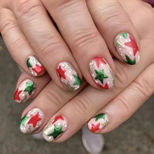 Cargar imagen en el visor de la galería, Uñas postizas a presión de Navidad, uñas postizas cortas de almendra, uñas postizas con diseño de estrella roja y verde, uñas con pegamento plateado con purpurina A22 , uñas acrílicas brillantes, cobertura
