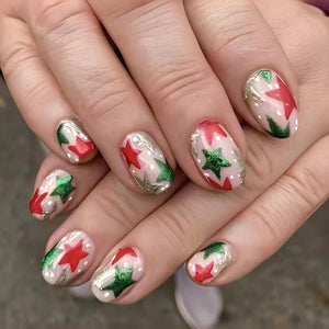 Uñas postizas a presión de Navidad, uñas postizas cortas de almendra, uñas postizas con diseño de estrella roja y verde, uñas con pegamento plateado con purpurina A22 , uñas acrílicas brillantes, cobertura