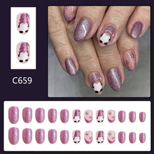 Cargar imagen en el visor de la galería, bUñas postizas a presión de Navidad, uñas postizas cortas ovaladas con diseños de estrellas de gnomo, uñas postizas de Navidad,a22  uñas postizas moradas con purpurina, uñas po
