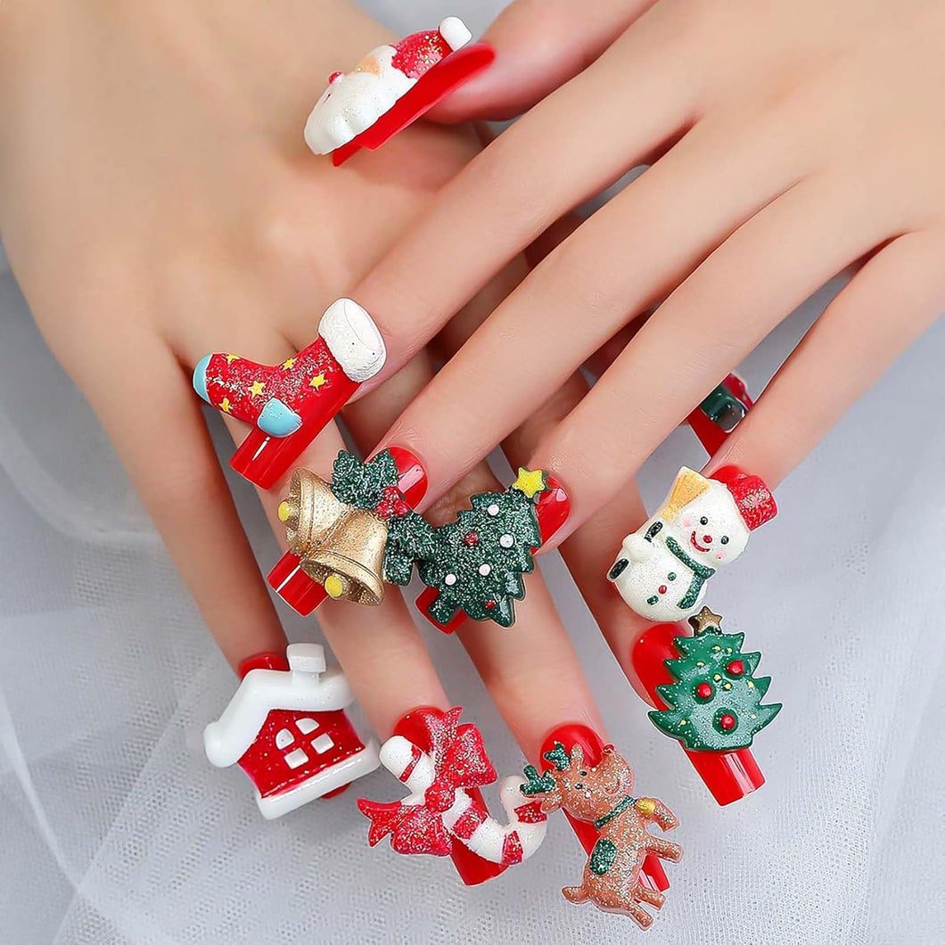 Uñas postizas a presión de Navidad, uñas postizas largas de ataúd con pegamento, uñas postizas acrílicas con calcetines de regalo de Papá Noel 3D,A22 diseños de Yeti con dijes rojos, uñas