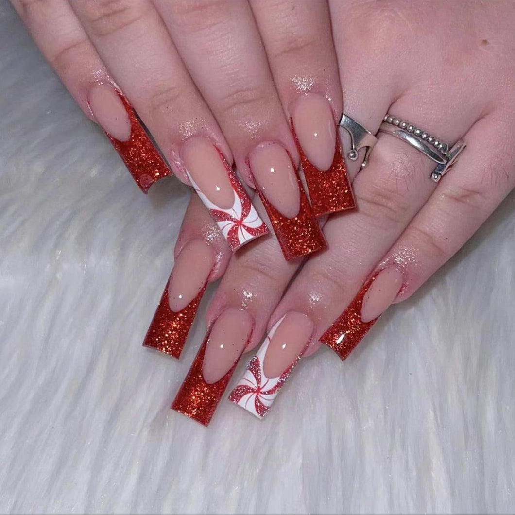 Uñas postizas a presión de Navidad, largas y cuadradas con diseños de caramelos, uñas postizas de punta francesa con purpurina roja de Navidad, uñas postizas con pegamento brillante a22 , uñas postizas