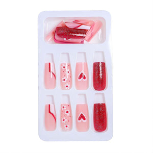 Uñas postizas a presión de corazón de San Valentín, uñas postizas cuadradas medianas, uñas postizas acrílicas rosas con diseños de flores y purpurina,A22  uñas ar