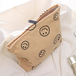 Bolsa de cosméticos Bolsa de maquillaje Preppy Cute Corduroy Neceser para mujeres esenciales de viaje, Caqui, a22 Cara de moda