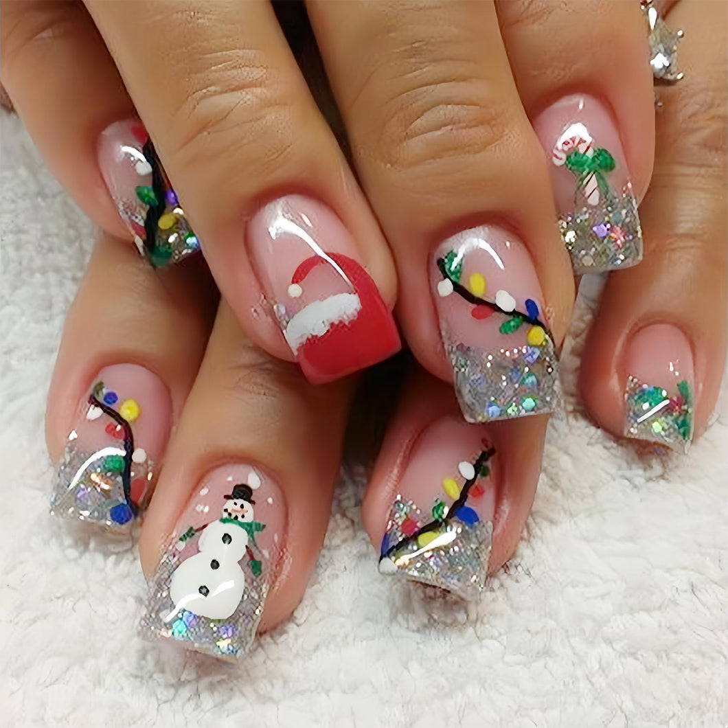 24 uñas postizas a presión con purpurina de Navidad, cuadradas, cortas, con diseño de muñeco de nieve, punta francesa, diseño nude, a22  uñas postizas de Navidad, lindas uñas adhesivas de invierno
