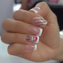 Cargar imagen en el visor de la galería, Uñas postizas a presión de Navidad, cuadradas, medianas, punta francesa, color blanco, con diseño de alce, rayas con purpurina, diseño de Navidad, uñas postizas de cobertura completa a22 , uñas adhesivas
