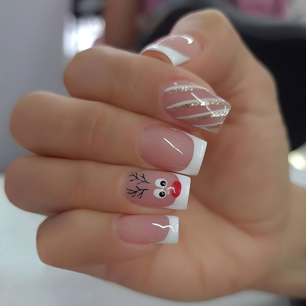 Uñas postizas a presión de Navidad, cuadradas, medianas, punta francesa, color blanco, con diseño de alce, rayas con purpurina, diseño de Navidad, uñas postizas de cobertura completa a22 , uñas adhesivas