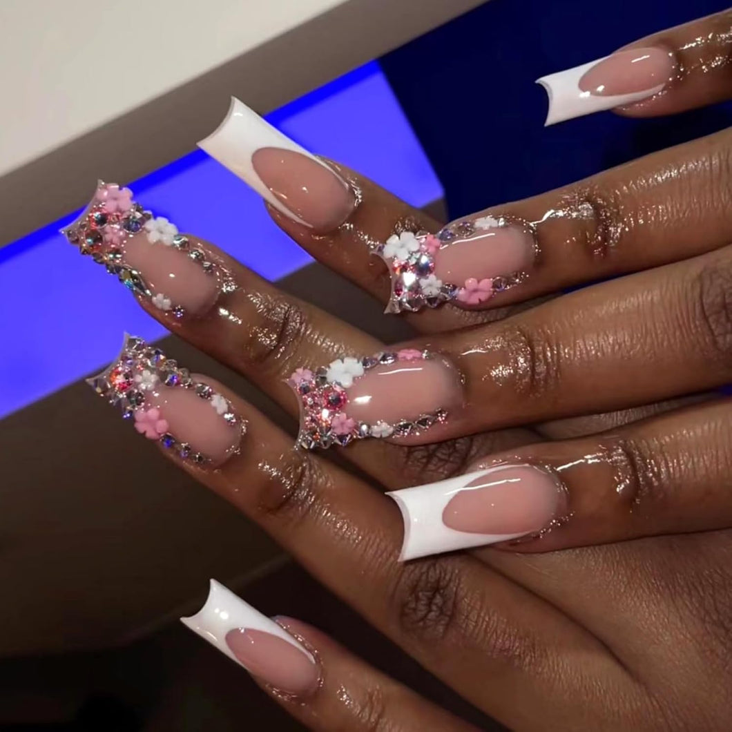 Uñas postizas cuadradas a presión largas con diseños de diamantes  A19