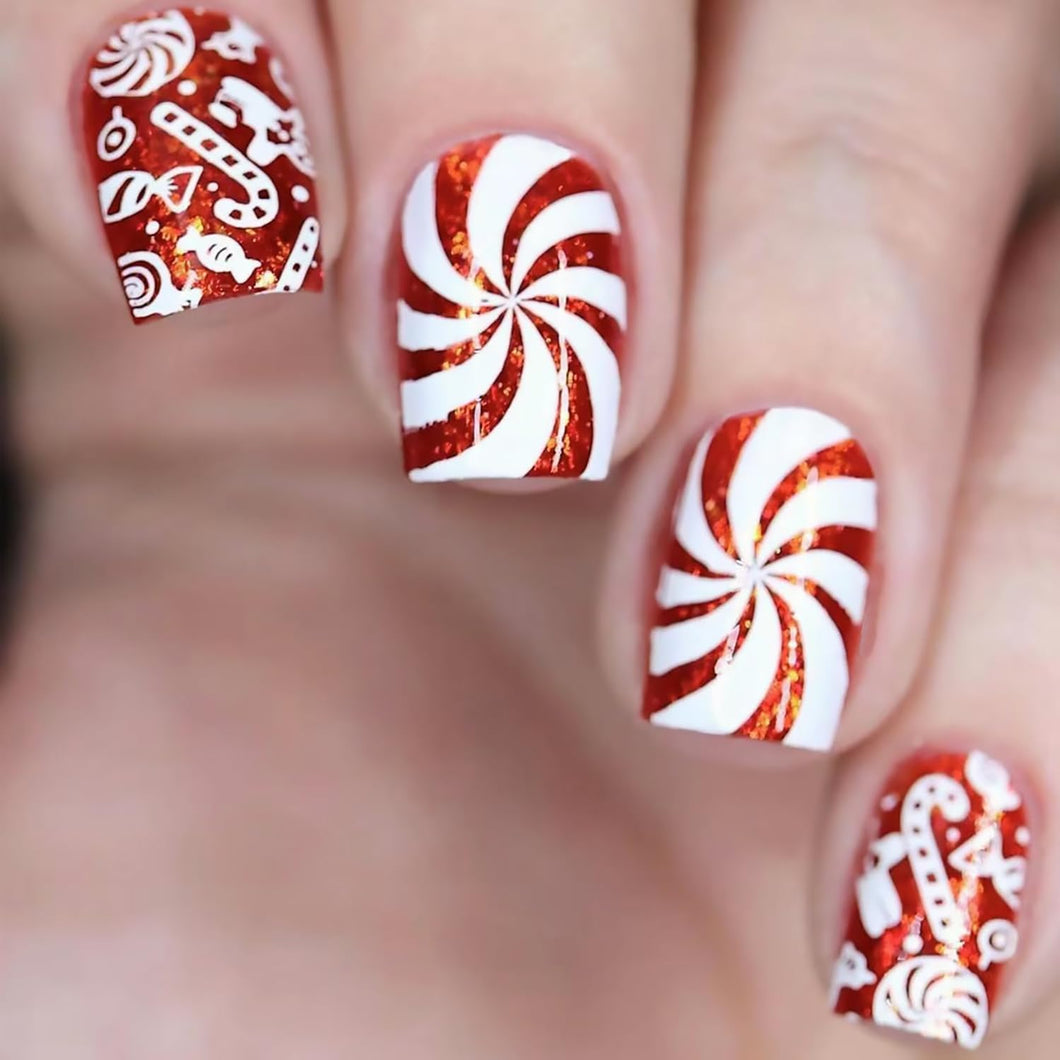 Uñas postizas a presión de Navidad, uñas postizas cuadradas cortas con diseños de caramelos, uñas postizas con purpurina roja de Navidad, uñas postizas de bastón de caramelo, A22 uñas postizas